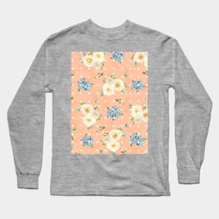 White Roses Blue Forget Me Nots Polka Dots on Peach Fuzz Abstract Floral Long Sleeve T-Shirt